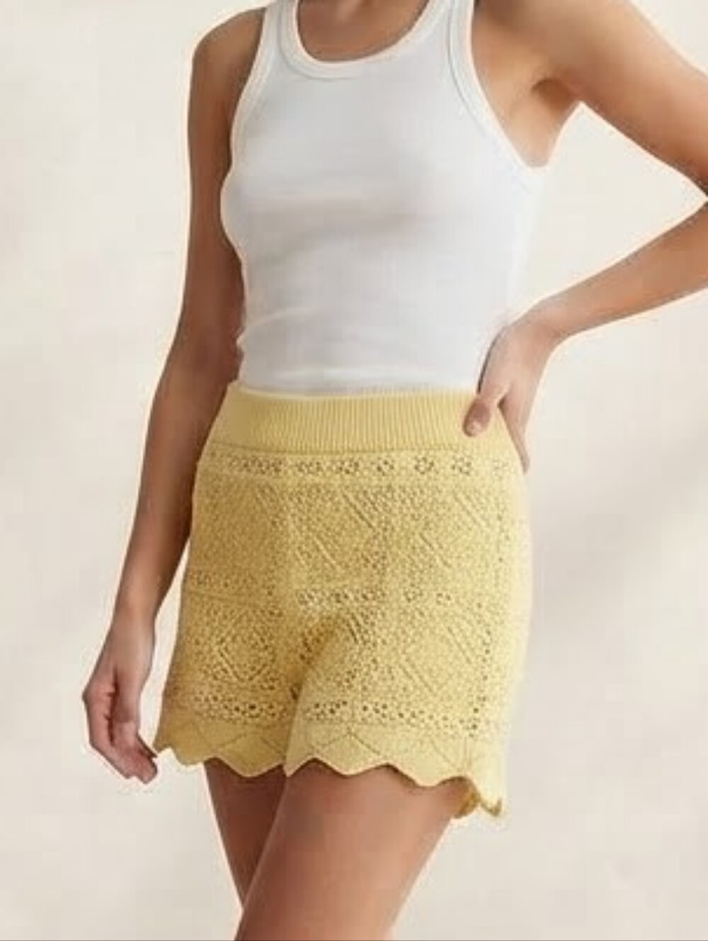 NEVER WORN A New Day Yellow Crochet Scallop FULLY LINED Hem Shorts Women Sz L